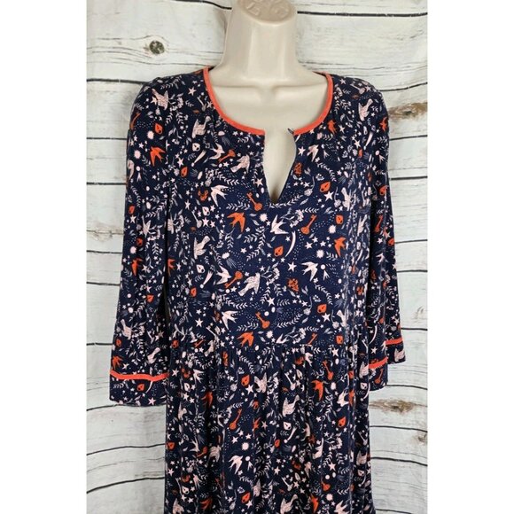 Boden Navy Blue Bird Print Dress US8L UK12L Midi Viscose Knit - Picture 2 of 9
